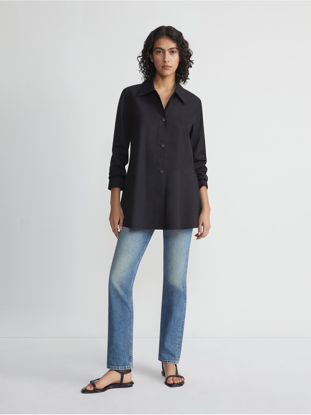 Lafayette 148 New York Organic Cotton Poplin Flounced Shirt Jacket Black M